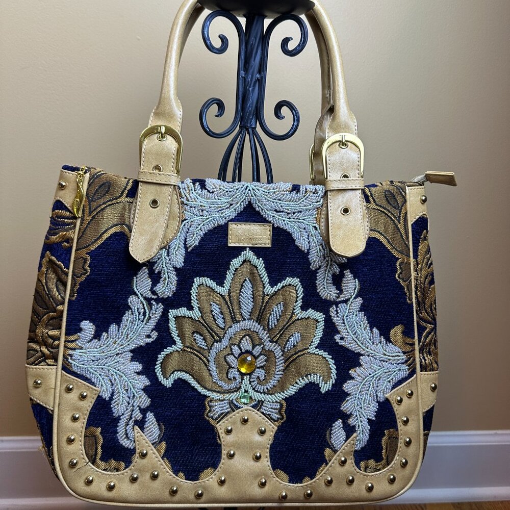 Kichi New York embellished shoulder bag purse Tapestry, studs iridescent beads.